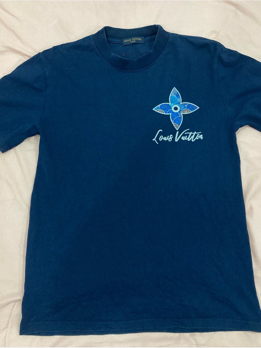 Louis Vuitton Navy Crewneck T-Shirt with Blue Monogram Flower